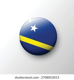 Un Botón redondo brillante en 3D de la bandera de Curazao con un campo azul oscuro, una franja amarilla y dos estrellas blancas.