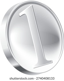 Shiny 3d silver coin or token with number one on the front isolated on transparent background