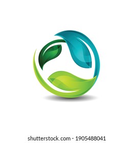 Shiny 3D style ecology enviromental logo. Ecology logo with leafs and 3D shiny style design