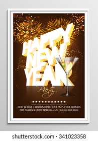 Shiny 3D text Happy New Year on fireworks decorated background, can be used as Flyer, Banner or Pamphlet design for Party celebration.