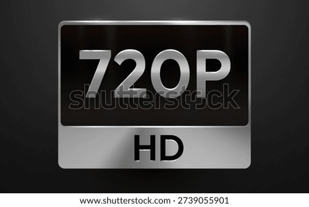 Shiny 720P HD icon, a metallic badge on a dark background. This represents high definition video standard. Vector illustration