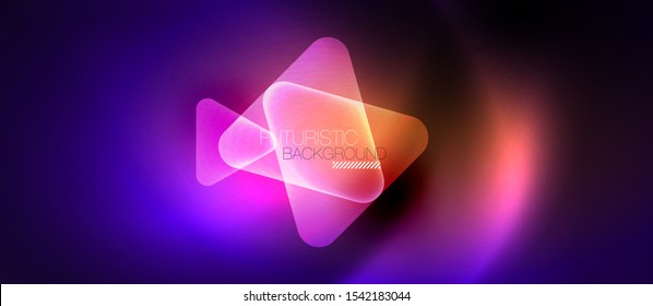 Shiny abstract glowing neon geometric background with abstract glass trasparent triangles. Technology futuristic or business design template with copyspace
