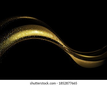 Shiny abstract gold wave on dark background, Sparkling confetti, golden moving wave glow effect. Magic glittering fairy dust vector illustration