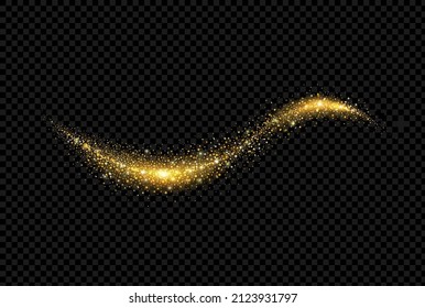 Brillante ola de oro abstracta sobre fondo oscuro, rizo dorado en movimiento con polvo de estrellas, efecto de brillo y brillo, ilustración vectorial.