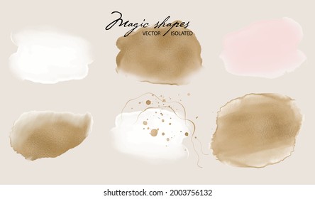 forma abstracta brillante salpicadura de tinta rosa dorada. salpicadura de pintura acuarela de brillo dorado. elegante diseño de lámina metálica exclusiva de lujo para la belleza, confeccionar cosméticos. ilustración vectorial aislada