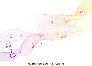 Shiny abstract waves with colorful musical notes. Music colorful musical note theme - rainbow swirl wave line. Music theme - rainbow notes on a light background. Vector illustration