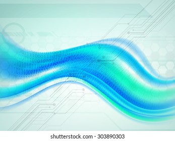 Shiny abstract waves on blue hi-tech background for Technology concept.