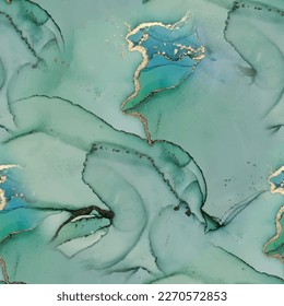 Shiny Alcohol Ink Background. Blue Alcohol Ink Marble. Green Oriental Background. Gold Ink Paint. Foil Marble Watercolor. White Water Color Canvas. Fluid Seamless Repeat. Vector Seamless Template.