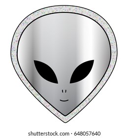 Shiny alien vector illustration doodle cartoon drawing, alien patch or sticker in silver shiny iron metal color with holographic frame and black outlines. 