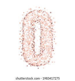 Shiny alphabet number zero of pink gold glitter or confetti, isolated on a white background. Beautiful design for birthday cards, wedding invitations, greeting cards, banners, flyers, posters etc.
