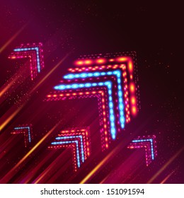 Shiny arrows and stripes flying over vinous background. Vector illustration. 