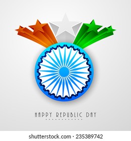 Shiny Ashoka Wheel with 3D national flag color stars on shiny grey background for Indian Republic Day celebration.