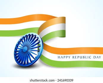 Shiny Ashoka Wheel with national flag color stripe for Happy Indian Republic Day celebration.