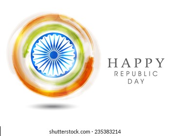 Shiny Ashoka Wheel surrounded by national tricolor on white background for Indian Republic Day celebrations.