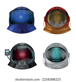 Shiny astronaut helmets realistic set of different colorful modifications of sealed equipment for space exploration vector illustration