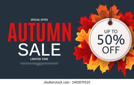 Shiny Autumn Leaves Sale Banner. Business Discount Card. Vector Illustration EPS10
