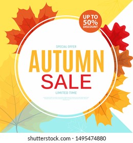 Shiny Autumn Leaves Sale Banner. Business Discount Card. Vector Illustration EPS10