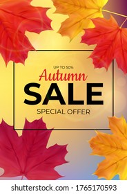Shiny Autumn Leaves Sale Banner. Business Discount Card. Vector Illustration EPS10