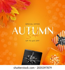 Shiny Autumn Leaves Sale Banner. Business Discount Card. Vector Illustration EPS10