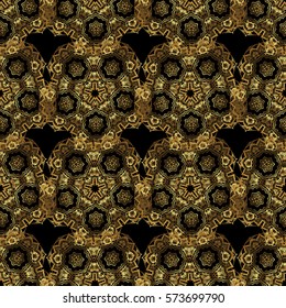 Shiny backdrop. Art deco style. Black and gold seamless pattern. Texture of gold foil. Polka dots, confetti. Vector illustration. Abstract geometric modern background.
