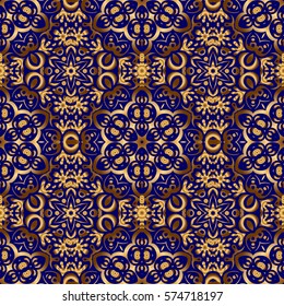 Shiny backdrop. Blue and gold seamless pattern. Abstract geometric modern background. Polka dots, confetti. Vector illustration. Texture of gold foil. Art deco style.