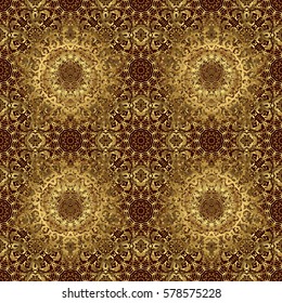 Shiny backdrop. Polka dots, confetti. Art deco style. Abstract geometric modern background. Vector illustration. Brown and gold seamless pattern. Texture of gold foil.