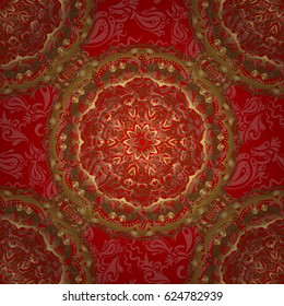 Shiny backdrop. Polka dots, confetti. Texture of gold foil. Abstract geometric modern background. Art deco style. Red and gold seamless pattern. Vector illustration.