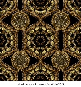 Shiny backdrop. Texture of gold foil. Art deco style. Vector illustration. Polka dots, confetti. Abstract geometric modern background. Black and gold seamless pattern.