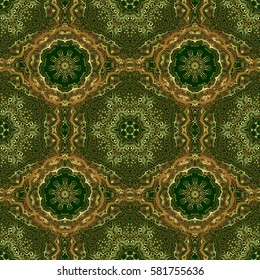 Shiny backdrop. Vector illustration. Abstract geometric modern background. Green and gold seamless pattern. Texture of gold foil. Art deco style. Polka dots, confetti.