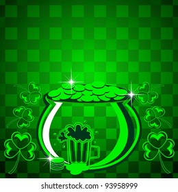 Shiny background with cauldron, beer mug and shamrocks leaf. vector.