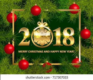 Shiny background with Christmas decorations, decorative spruce branches, golden stars and beads, holiday lettering Happy New Year 2018, illustration.