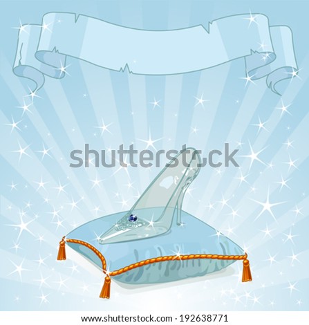 Shiny background with Crystal Cinderella's slipper on blue pillow