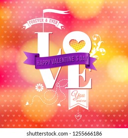 Shiny background with hearts pattern, bokeh light effects. Vintage ornaments and typographic text. Valentines day card. Vector illustration.