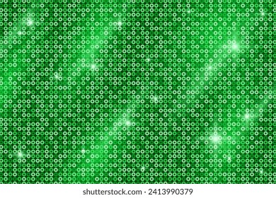 Shiny background with round green sequins. Elegant abstract wallpaper, template for banner, holiday greeting card, decor for St. Patrick's Day, New Year, Christmas