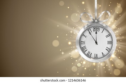 Shiny background with silver clock, hanging on silver ribbon with bow, New years invitation and greeting card. EPS 10 contains transparency.