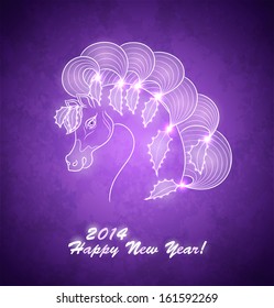 Shiny background with symbol of 2014 New Year. Horse on christmas card. Violet vector Illustration.