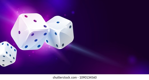 Shiny background with three white game dices and copy space on dark blue. Casino gambling. Poker, table craps