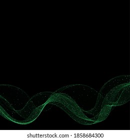 Shiny background with a wave of green. Flickering green particles. festive background