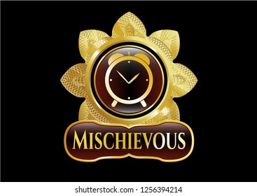  Shiny badge with alarm clock icon and Mischievous text inside