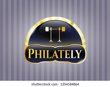  Shiny badge with barbell on rack icon and Philately text inside