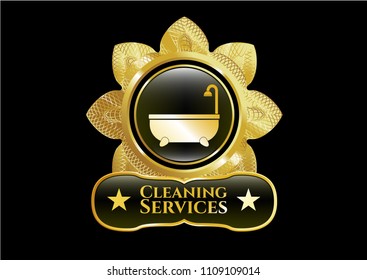  Shiny badge with bathtub icon and Cleaning Services text inside