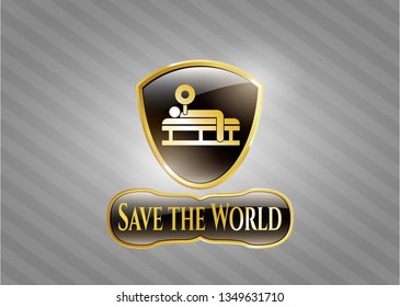  Shiny badge with bench press icon and Save the World text inside
