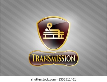  Shiny badge with bench press icon and Transmission text inside