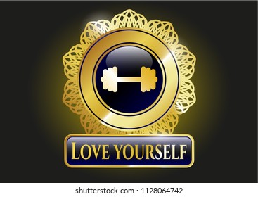  Shiny badge with big dumbbell icon and Love Yourself text inside