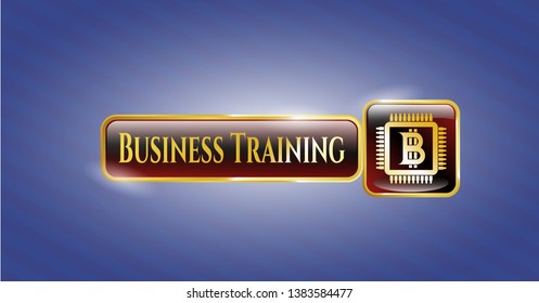  Shiny badge with bitcoin chip (cryptocurrency mining concept) icon and Business Training text inside