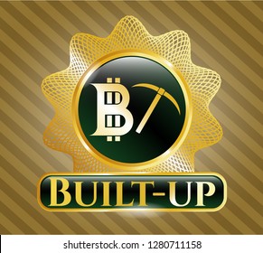  Shiny badge with bitcoin mining icon and Built-up text inside