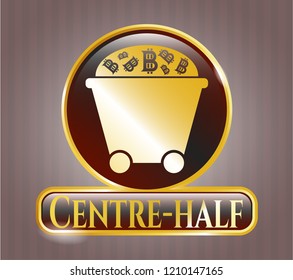  Shiny badge with Bitcoin mining trolley icon and Centre-half text inside