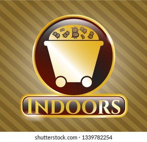  Shiny badge with Bitcoin mining trolley icon and Indoors text inside