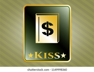  Shiny badge with book with money symbol inside icon and Kiss text inside
