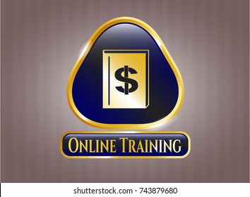  Shiny badge with book with money symbol inside icon and Online Training text inside